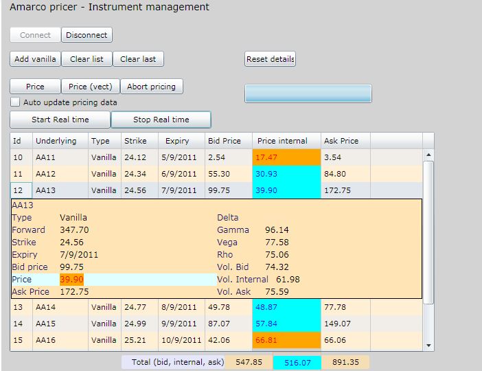 Amarco pricer for derivatives - Silverlight interface