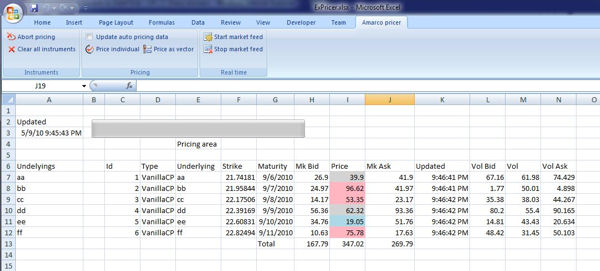 Amarco pricer for derivatives - Excel interface